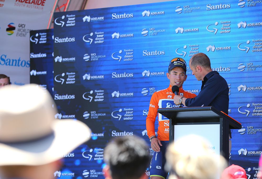 Caleb Ewan takes some questions at the Tour Down Under