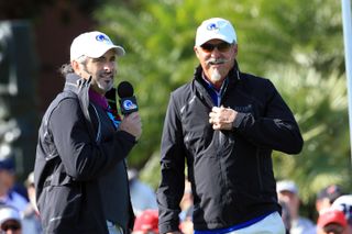 David Feherty of Northern Ireland and Gary McCord of the Golf Channel on the first tee during the final day of the 2013 Tavistock Cup Matches at Isleworth Golf and Country Club
