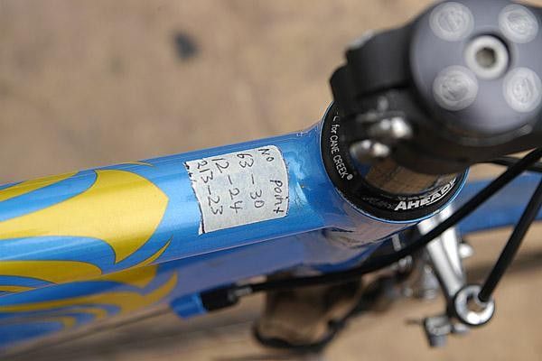 Riders often mark critical points in the stage right on their stem or top tube.