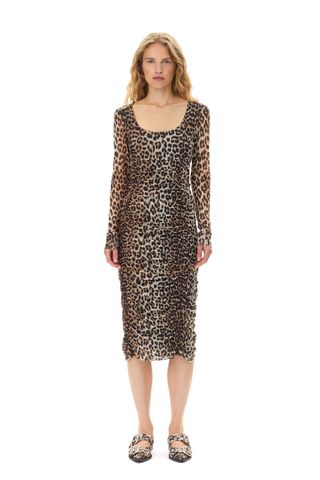 Leopard Mesh Printed Ruched Midi Dress