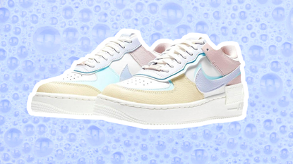 A pastel pair of Nike air forces on a bubble pastel background