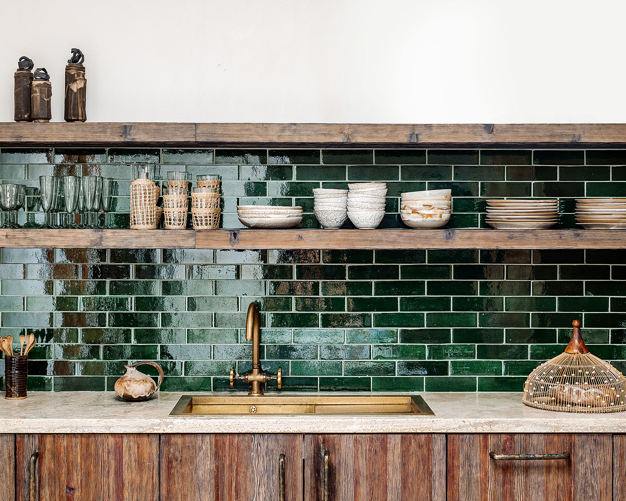 Kitchen trends with green metro tiles and wood shelving