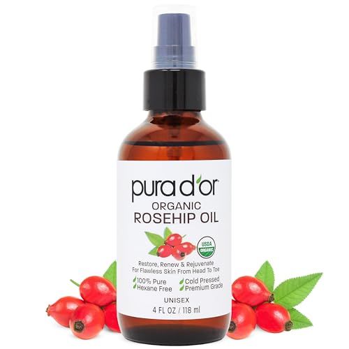 Pura D'or 4 Oz Organic Rosehip Seed Oil - 100% Pure Cold Pressed Usda Certified Anti-Aging Treatment - Vitamin a &amp; C Rich - Helps Fade Appearance of Scars &amp; Stretch Marks - for Face, Hair &amp; Body