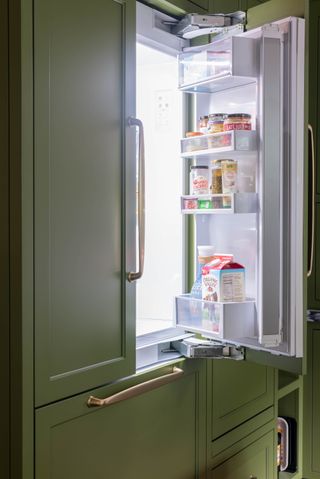 close up of an open fridge