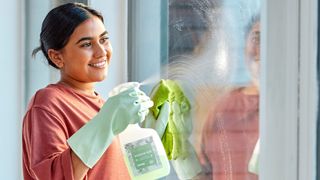 Woman cleaning windows with a glass cleaner