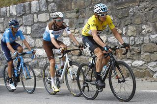 The select group of climbers with overall leader Geraint Thomas (Team Sky) during stage 6 at Criterium du Dauphine