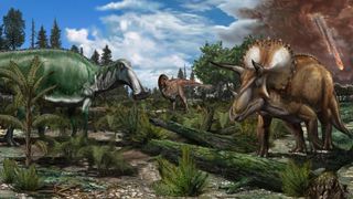 The history of dinosaurs encompasses a long time period of diverse creatures. This piece of art is a reconstruction of a late Maastrichtian (~66 million years ago) palaeoenvironment in North America, where a floodplain is roamed by dinosaurs like Tyrannosaurus rex, Edmontosaurus and Triceratops.