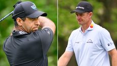 Aaron Rai hits a tee shot with a driver, while Justin Rose walks off the green