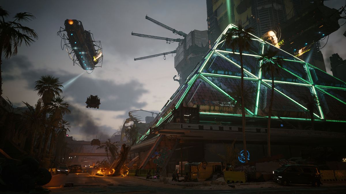 Looking at Dogtown's neon pyramid in Cyberpunk 2077: Ultimate Edition for Switch 2