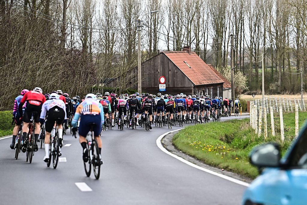 The peloton pictured in action during the 'Ronde van Brugge' men's elite one-day cycling race, 202,9 km from and to Brugge on Wednesday 25 March 2026. BELGA PHOTO MAARTEN STRAETEMANS (Photo by MAARTEN STRAETEMANS / BELGA MAG / Belga via AFP)