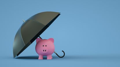 A piggy bank under a tilted umbrella