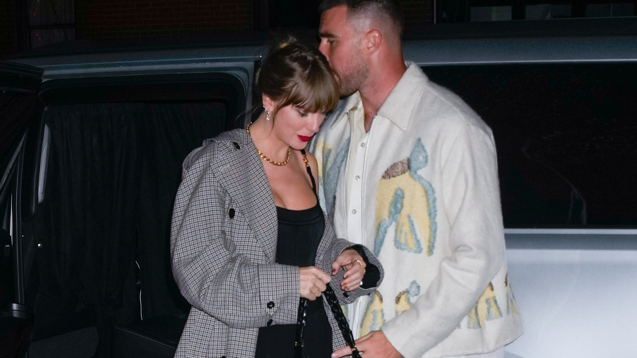 Travis Kelce and Taylor Swift arrive at SNL Afterparty on October 15, 2023 in New York City.