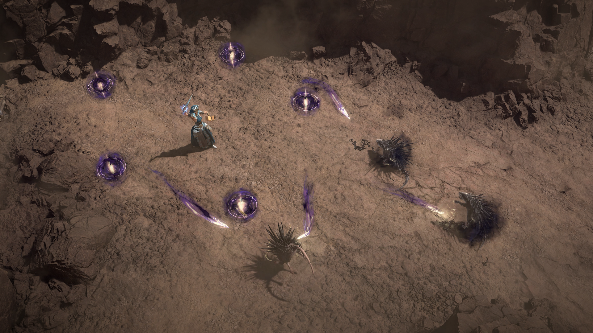 A Diablo 4 sorceress conjures dark purple magical prisms around her that shoot projectiles at nearby enemies.