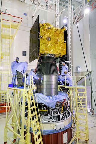 The India Space Research Organisation's IRNSS-1I navigation satellite is attached to the agency's Polar Satellite Launch Vehicle booster ahead of the craft's April 12, 2018, launch.