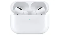 Apple AirPods Pro earbuds and case in white on white background