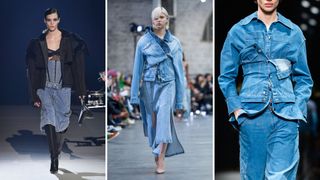 composite of three models wearing the layered denim trend 2024