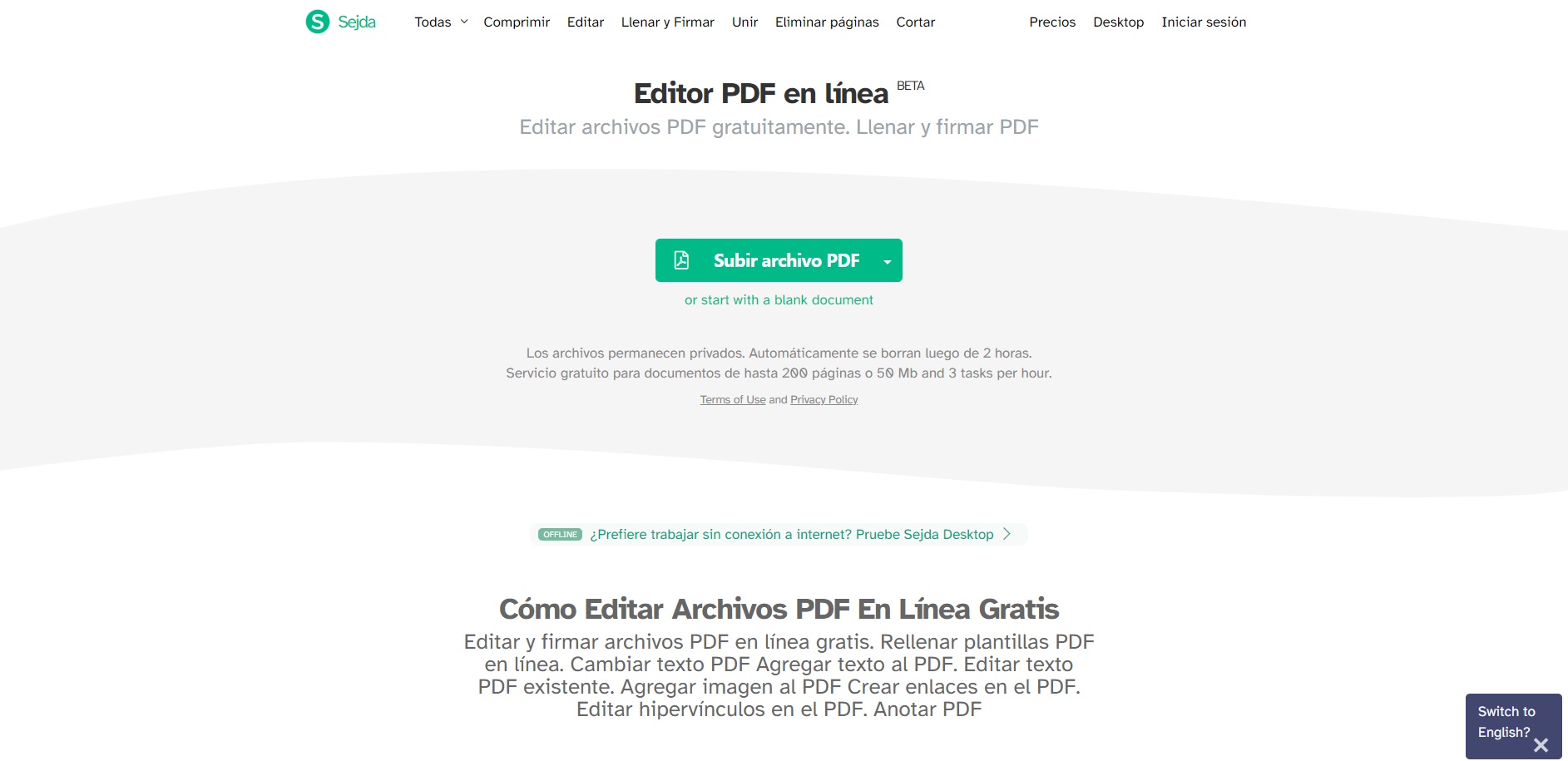 Captura de pantalla del editor de PDF gratuito Sejda