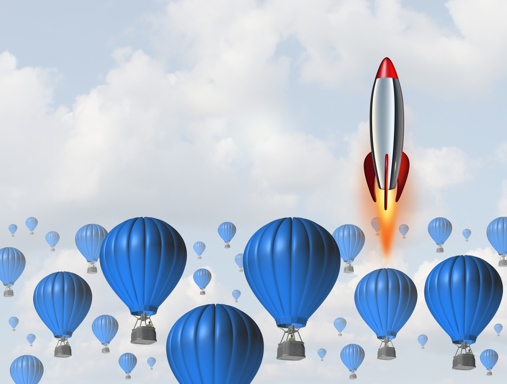 a rocket among blue hot-air balloons