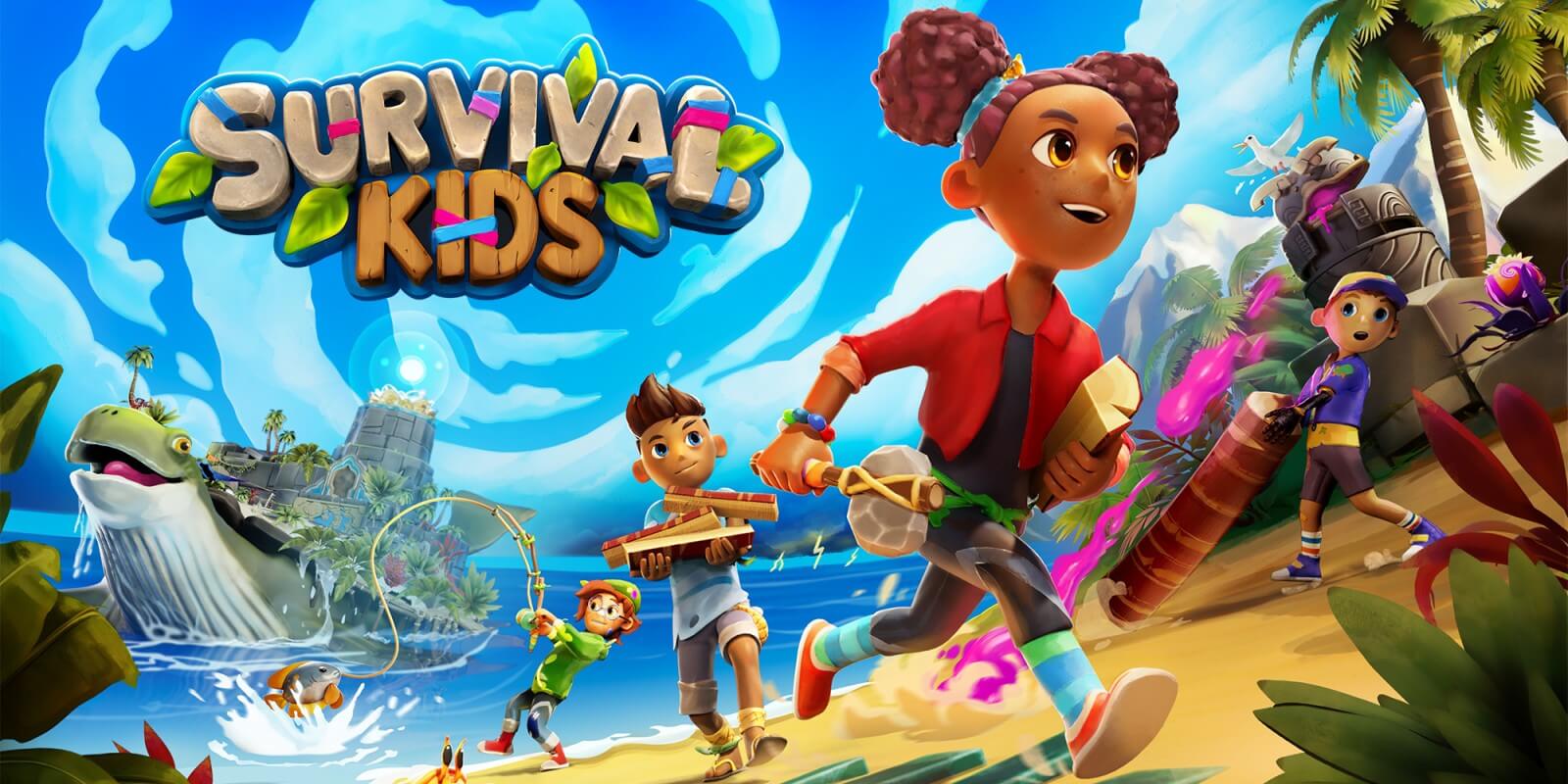 Survival Kids cover art showing two characters running on a beach holding tools with a sea creature in the background