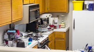 Cluttered kitchen countertop