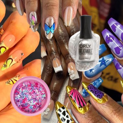 collage of y2k nail ideas with sparkles animal print butterflies