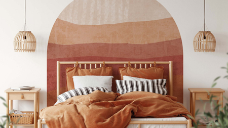 A desert arch mural headboard in bedroom