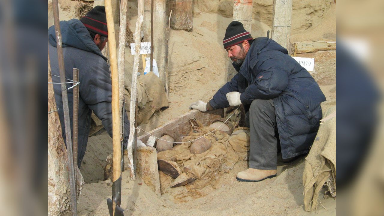 The Xiaohe cemetery was discovered by a local hunter in the early 20th century. More than 300 people were buried there in the Bronze Age but many of the tombs were looted by grave robbers before it was found.