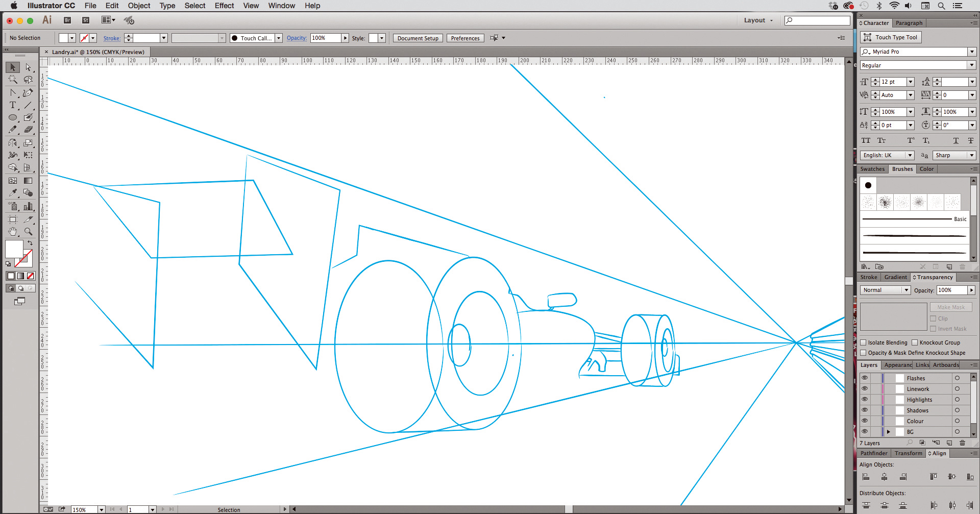 Digital drawing of basic racing car shapes speeding towards vanishing point
