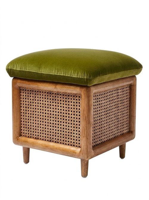 Loha Rattan Green Velvet Storage Stool