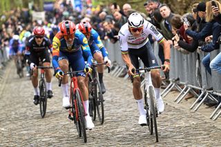 HARELBEKE, BELGIUM - MARCH 22 : Van Der Poel Mathieu (NED) of Alpecin-Deceuninck attacking on the Taaienberg climb during the 67th E3 Saxo classic Harelbeke UCI World Tour cycling race with start and finish in Harelbeke on March 22, 2024 in Harelbeke, Belgium, 22/03/2024 ( Motordriver Kenny Verfaillie & Photo by Nico Vereecken / Photo News