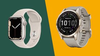 Garmin Fenix 7 and Apple Watch 7 on yellow and green background