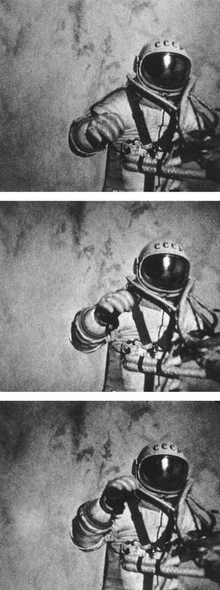 These three stills are from the external movie camera on the Soviet Voskhod 2, which recorded Aleksey Leonov making history's first spacewalk on March 18, 1965.