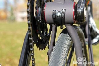 A short machined section on the driveside chain stay creates better clearance for the tire and chainrings