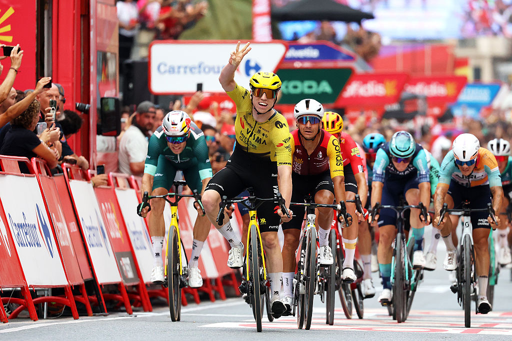 Matthew Brennan of Visma-Lease a Bike celebrates his third victory at this year's Vuelta a Espa&ntilde;a, this time on stage 11