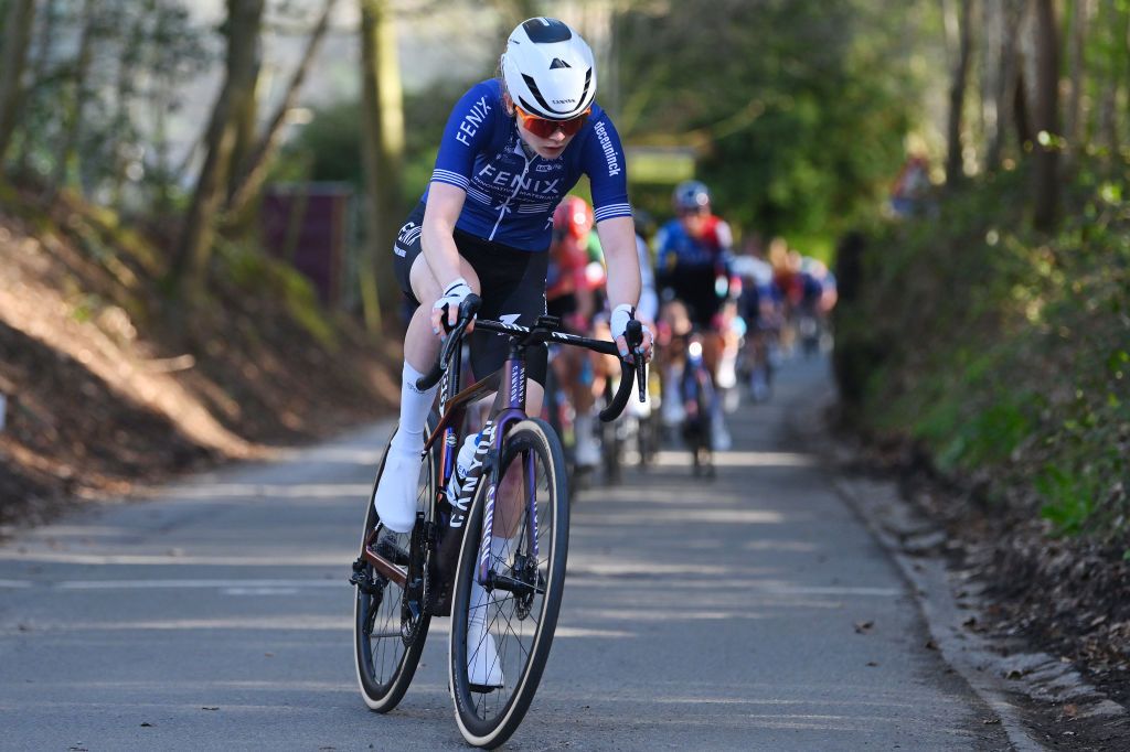 WAREGEM BELGIUM MARCH 27 Puck Pieterse of The Netherlands and Team FenixDeceuninck competes during the 12nd Dwars door Vlaanderen 2024 Womens Elite a 1299km one day race from Waregem to Waregem on March 27 2024 in Waregem Belgium Photo by Luc ClaessenGetty Images
