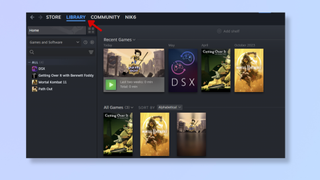 A screenshot of the Steam client on Windows, with a red arrow pointing at Library. 