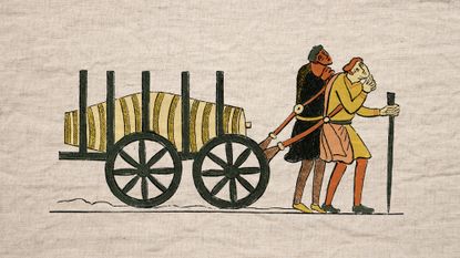Illustrative collage of two figures dragging a cart with a rolled up bale of textile, rendered in the style of Bayeux tapestry
