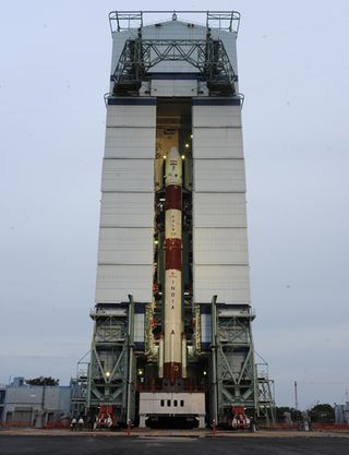 The Polar Satellite Launch Vehicle to launch India's 100th space mission stands assembled inside its hangar at the Satish Dhawan Space Center