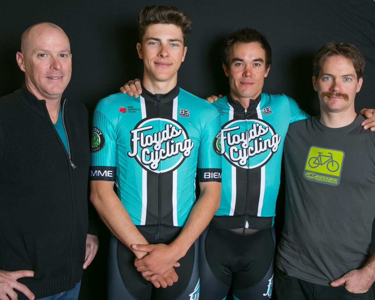Director Gord Fraser, Nick Zukowsky, Travis McCabe and team mechanic Richard Hurst of Floyd's Pro Cycling