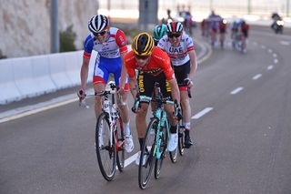 Primoz Roglic (Jumbo-Visma) during stage 3 UAE Tour, jumps ahead of the final climb of the day