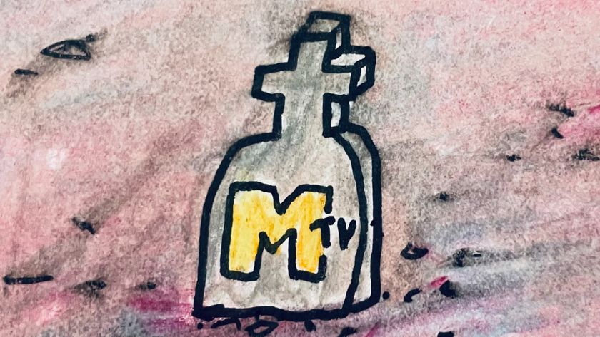 A cartoon of the MTV logo on a gravestone
