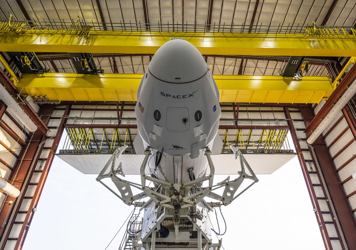 The SpaceX Crew Dragon vehicle that flew NASA&#039;s Crew-2 mission in 2021 as seen before launch.