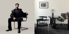 A two-split image features a young man dressed in black, with a shiny leather jacket, seats on a chome and black leather chair. To his right, a black-drenched, retro-inspired office features marble and chrome accents.