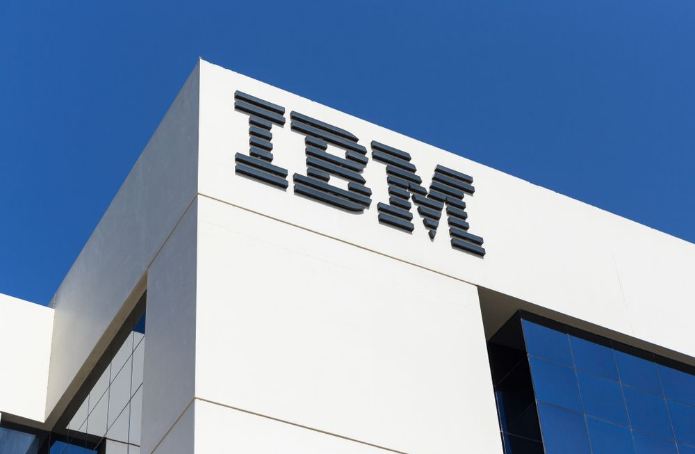 The IBM logo seen on one of its office buildings