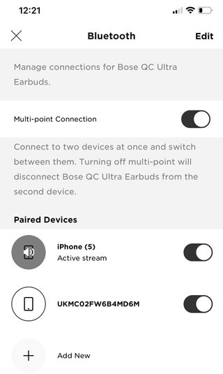 Bose QuietComfort Ultra Earbuds multipoint settings page in the Bose app