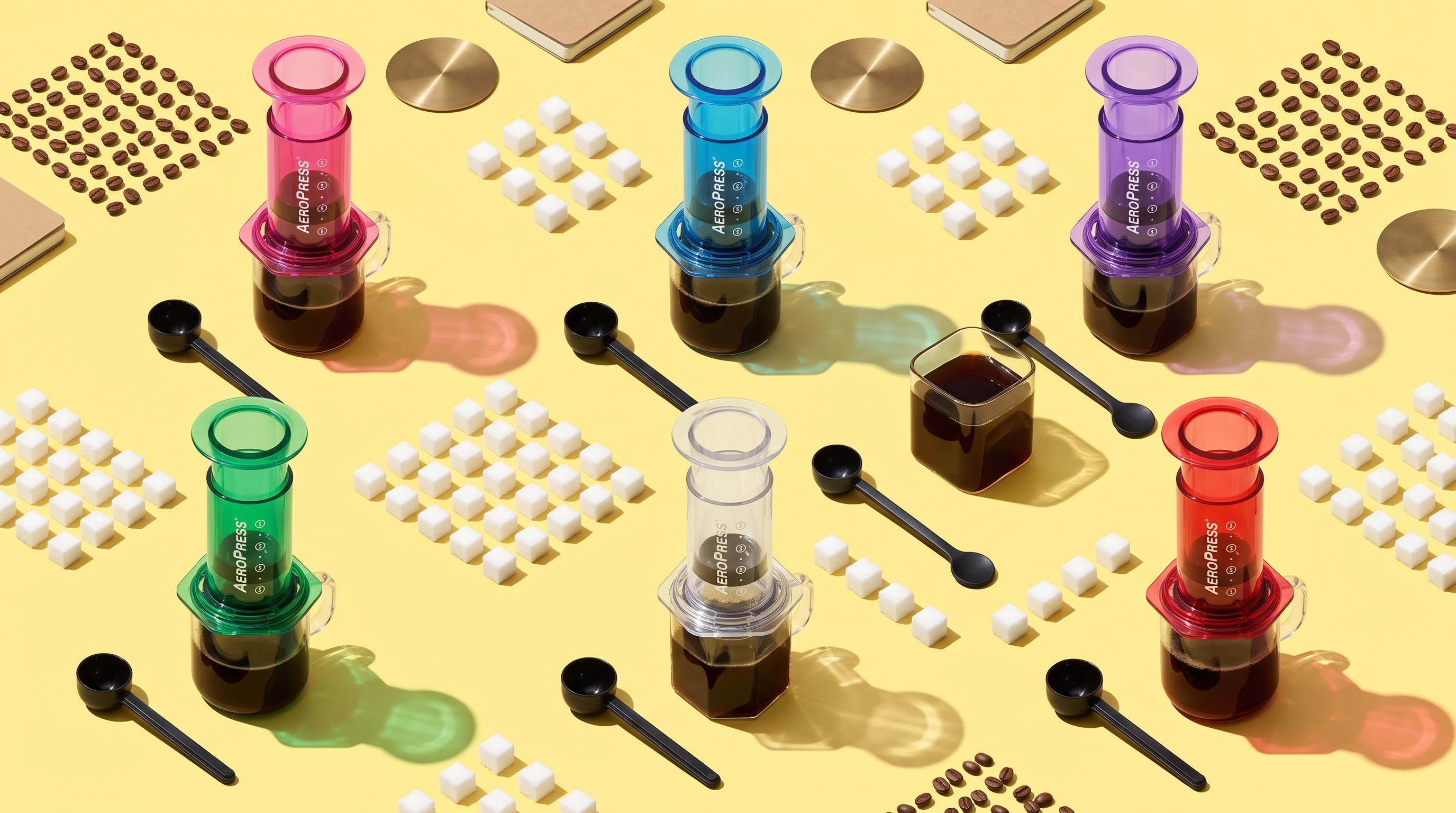 Collection of different colored AeroPress coffee makers lined up in a geometric formation with coffee beans, scoops, and sugar cubes
