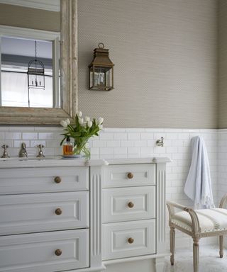 Elegant bathroom with grasscloth wallpaper and traditional vanity unit