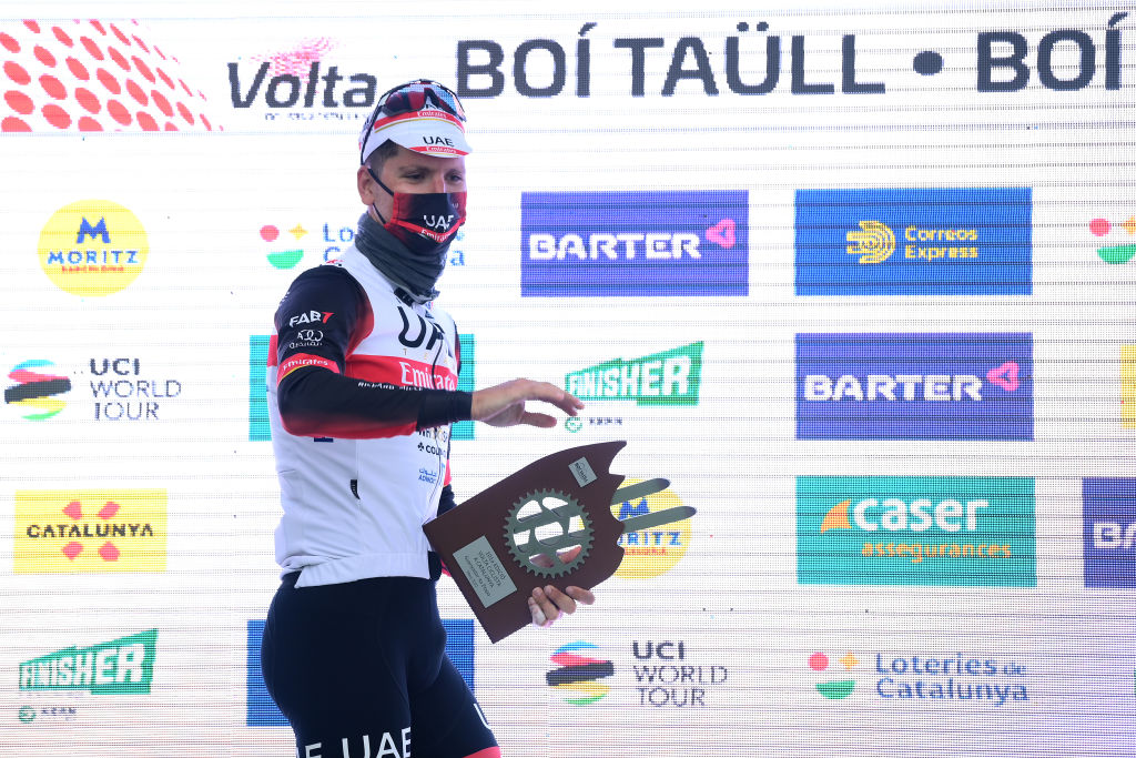 BO TALL SPAIN MARCH 24 Joo Almeida of Portugal and UAE Team Emirates celebrates at podium as stage winner during the 101st Volta Ciclista a Catalunya 2022 Stage 4 a 1665km stage from La Seu dUrgell to Bo Tall 2015m VoltaCatalunya101 WorldTour on March 24 2022 in Bo Tall Spain Photo by David RamosGetty Images