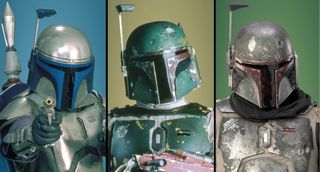 three-panel photo showing three characters similarly dressed in futuristic armor, including face-obscuring helmets.