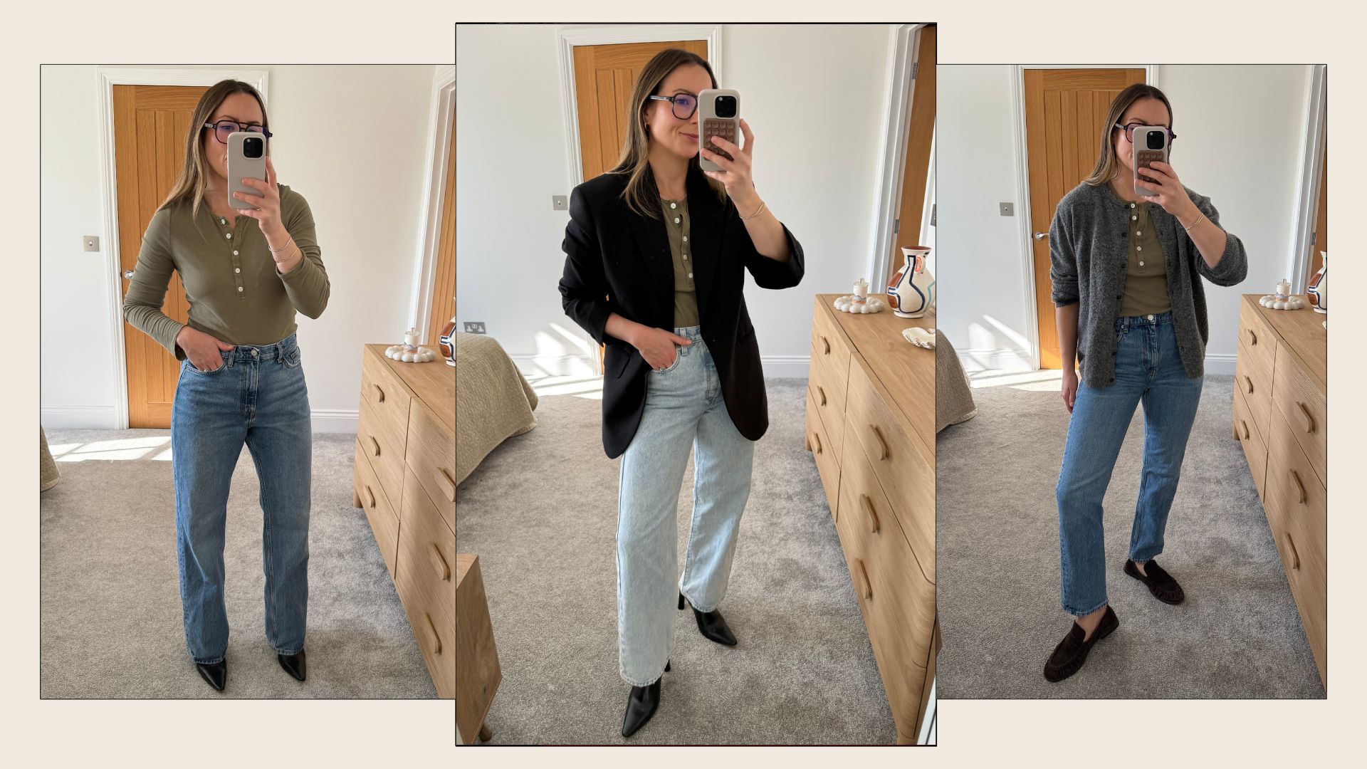 A collage of images of stylist Emily Dawes trying on the best straight leg jeans, from Levis, COS and Arket